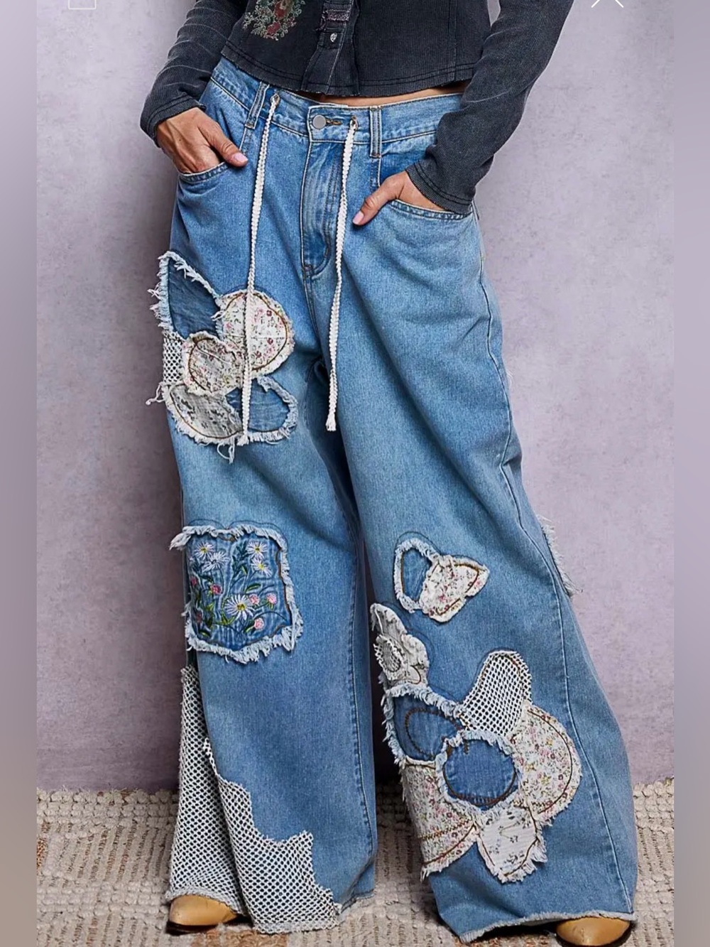 POL floral lace patchwork embroidered stitch bohemian floral pants jeans